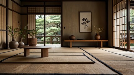 A serene japandi style room featuring a beautiful table and bench emphasizing slow living and simplicity