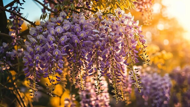 Wisteria Blooms in Sunlight: A close-up of wisteria flowers in full bloom, cascading downwards with soft, purple petals. Bathed in warm sunlight and creating a tranquil atmosphere.