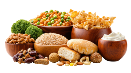 A colorful array of nutritious foods served in an assortment of bowls. delicious