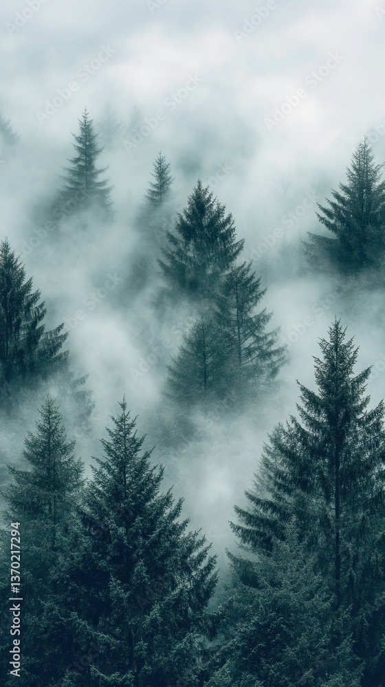 Poster mystical fog in the forest: an ethereal scene of towering evergreen trees shrouded in a blanket of s