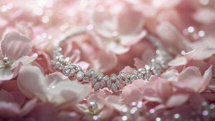 Jewellery set on a bed of delicate flower petals, accentuating its intricate details and reflective surfaces.