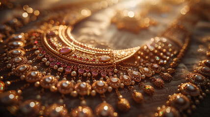 Luxurious gold necklace adorned with intricate details and sparkling gemstones under soft, natural light.
