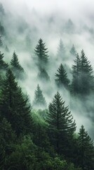 Fototapeta premium Misty Forest Canopy: Serene panorama of a vibrant green forest, enveloped in a veil of soft, ethereal mist, and a sky that whispers secrets.
