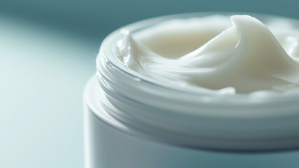 Macro shot of a skincare cream jar, emphasizing the creamy texture and branding details.