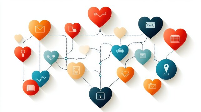 A creative illustration featuring interconnected hearts with various icons representing communication, technology, and emotions, suitable for projects related to love, social networking - Powered by Adobe