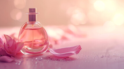 Soft-focus image of a delicate flower petal resting beside a bottle of perfume, evoking a sense of natural beauty and fragrance.