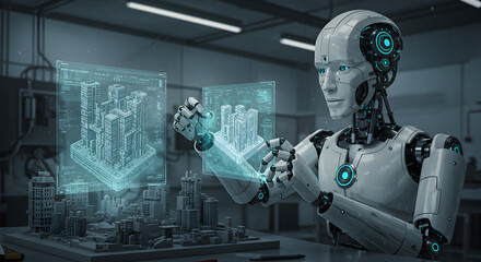 Futuristic city planning aided by advanced robotic technology and digital interface