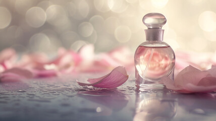 Soft-focus image of a delicate flower petal resting beside a bottle of perfume, evoking a sense of natural beauty and fragrance.