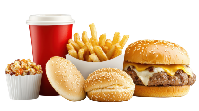 Delicious hamburger with golden fries, a classic fast food meal juicy