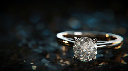 Sparkling diamond ring presented against a dark background, creating a dramatic effect.