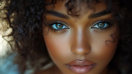 Fototapeta premium A woman with dark hair and brown eyes is smiling. She has a lot of makeup on her face, including a lot of blush