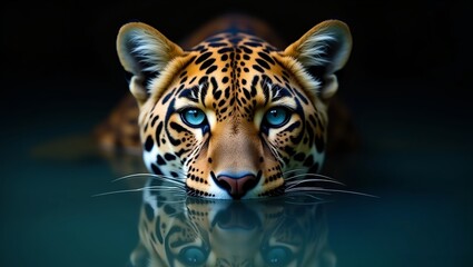 surreal portrait of a majestic leopard with striking blue eyes leopard's face is partially submerged in water soft glow of light