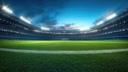 Empty Soccer Stadium At Night With Bright Lights