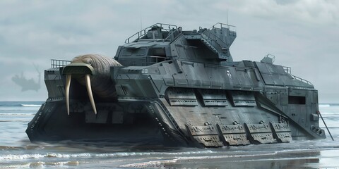 Landing craft inspired brute force of walrus thick armored plating capable of withstanding heavy impact retractable ramp mimic powerful tusk of marine beast allowing rapid deployment of troop vehicle