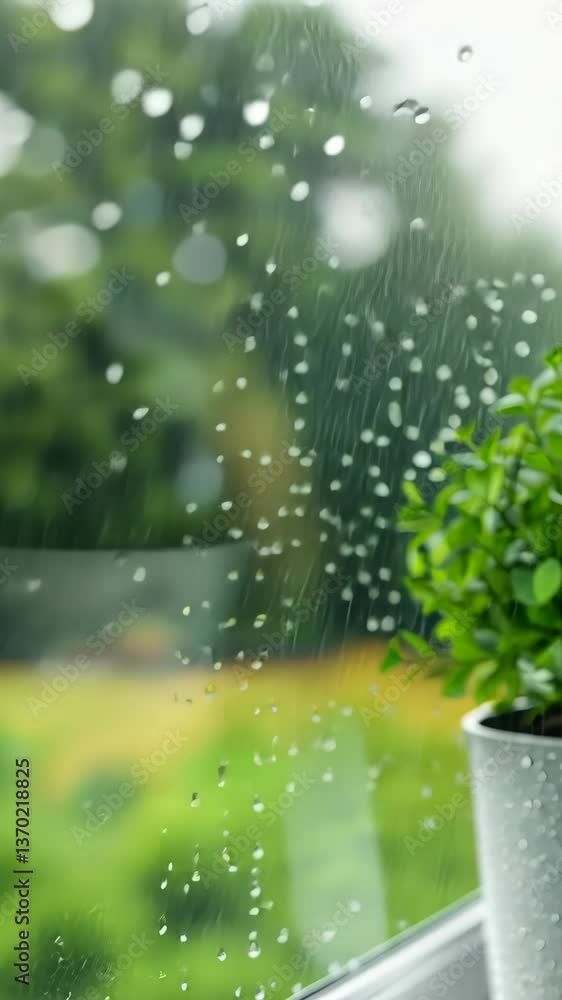 Aufkleber raindrops on the window bring a serene mood while greenery adds a touch of life indoors during a rai