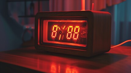 Retrofuturistic glowing red digital alarm clock on a wooden table. A warm glow fills the room.