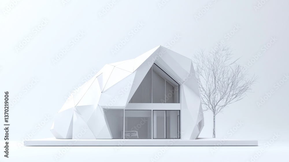 Poster modern minimalist white geometric house architectural model with a bare tree.