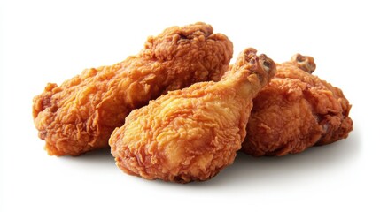 Crispy golden fried chicken drumsticks arranged attractively on a white background, showcasing their appealing texture and delightful appearance for food enthusiasts and culinary projects.