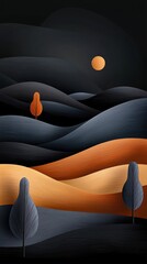Obraz premium Abstract Landscape Art: Serene Dusk Scene with Rolling Hills and Trees, Contemporary Illustration