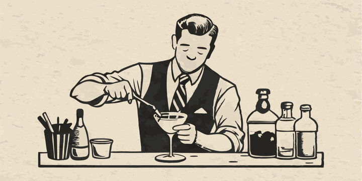 A bartender mixing a cocktail monochrome image. Flat vector illustration.