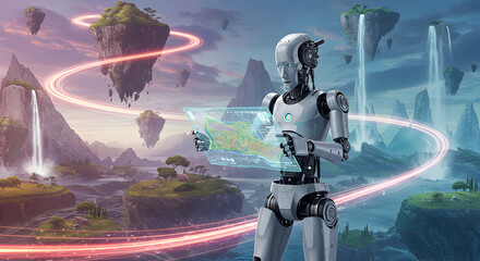 Robotic cartographer navigating surreal landscapes mapping dynamic virtual domains