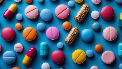 Colorful Assorted Pills, Tablets, and Capsules Laid Out on Blue Background – Pharmaceutical Medicine and Healthcare Concept
