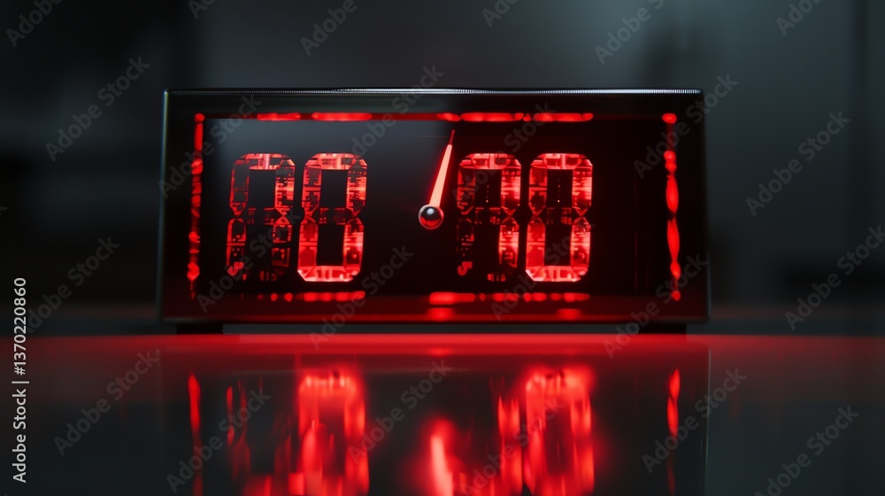Poster a close-up of a digital clock with a red display. the clock is showing the time 00:00. the clock is 