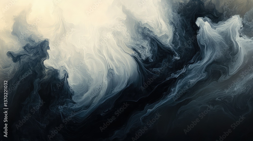 Poster abstract fluid art with swirling organic shapes in blue and gray tones creating a sense of motion an