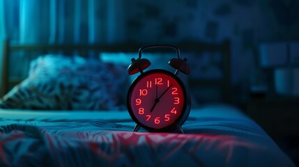 A bedside alarm clock glows in the dark. It is 3:00am. The clock is black with red numbers. The alarm clock is sitting on a bed with blue sheets.