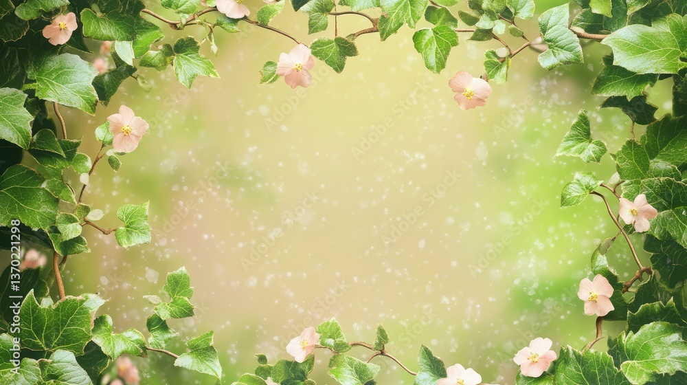 Poster delicate ivy leaves framing a soft focus background with subtle flowers and gentle bokeh effect for 