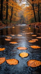 Autumnal River Serenity: A serene river winds through a vibrant forest in the heart of autumn, with a kaleidoscope of falling leaves dancing on the water's surface and the warm.