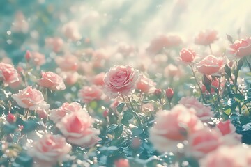 Dreamy pink roses in a garden bathed in soft sunlight create a serene floral landscape