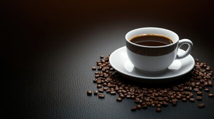 Obraz premium Serving Coffee Cup with Beans on Dark Background for Morning Drink