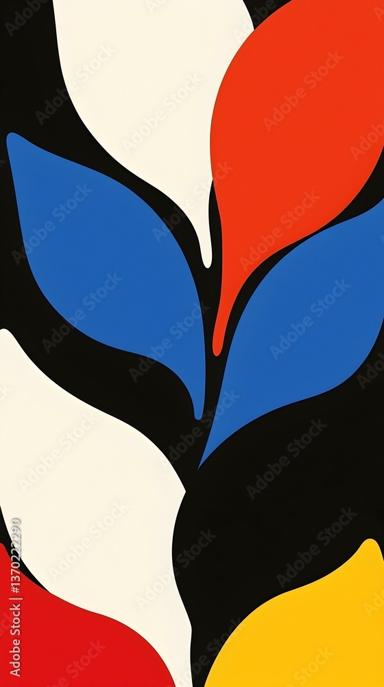 Poster abstract art featuring vibrant red, blue, yellow, white, and black shapes. curved forms create a dyn