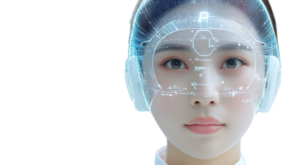 Futuristic woman with intricate headpiece, a vision of future fashion and technology