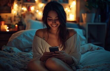 Beautiful woman reading online message on phone in moonlit room