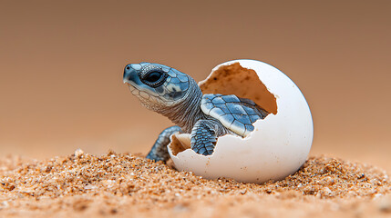 Newborn turtle hatching from egg on sandy beach nature photography close-up view wildlife conservation