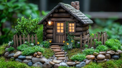Fototapeta premium Miniature Log Cabin in a Charming Fairy Garden