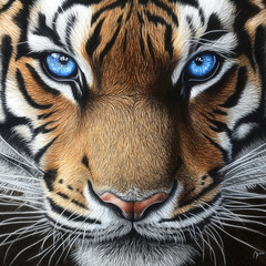 color pencil drawing of a cool Neo traditional tiger face up close badass calm blue eyes