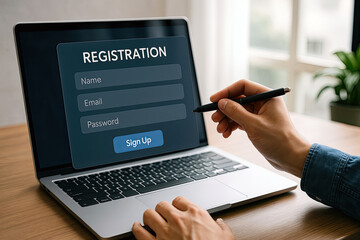 Person using laptop to fill out online registration form with pen.