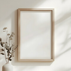 A blank picture frame on the wall, soft lighting, neutral colors, minimalist style, white background, high resolution, no text or symbols