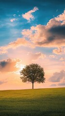 Obraz premium Golden Hour Lone Tree: A single, majestic tree stands silhouetted against a breathtaking backdrop of a vivid sunset, casting long shadows on the verdant field. Capturing a moment of natural splendor.