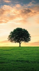 Obraz premium Solitary Tree Under Sunset: A single, majestic tree stands silhouetted against a vibrant sunset, its lush green foliage contrasting with the colorful sky.