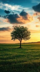 Obraz premium Golden Hour Solitude: A lone tree stands majestically in a vast green field, silhouetted against a sky ablaze with vibrant hues of gold and blue, as the sun gracefully sets.