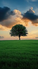 Obraz premium The Lone Sentinel: A solitary tree stands majestic in a vast field of vibrant green grass, under a dramatic sky. Capturing the essence of nature's solitude and enduring beauty.