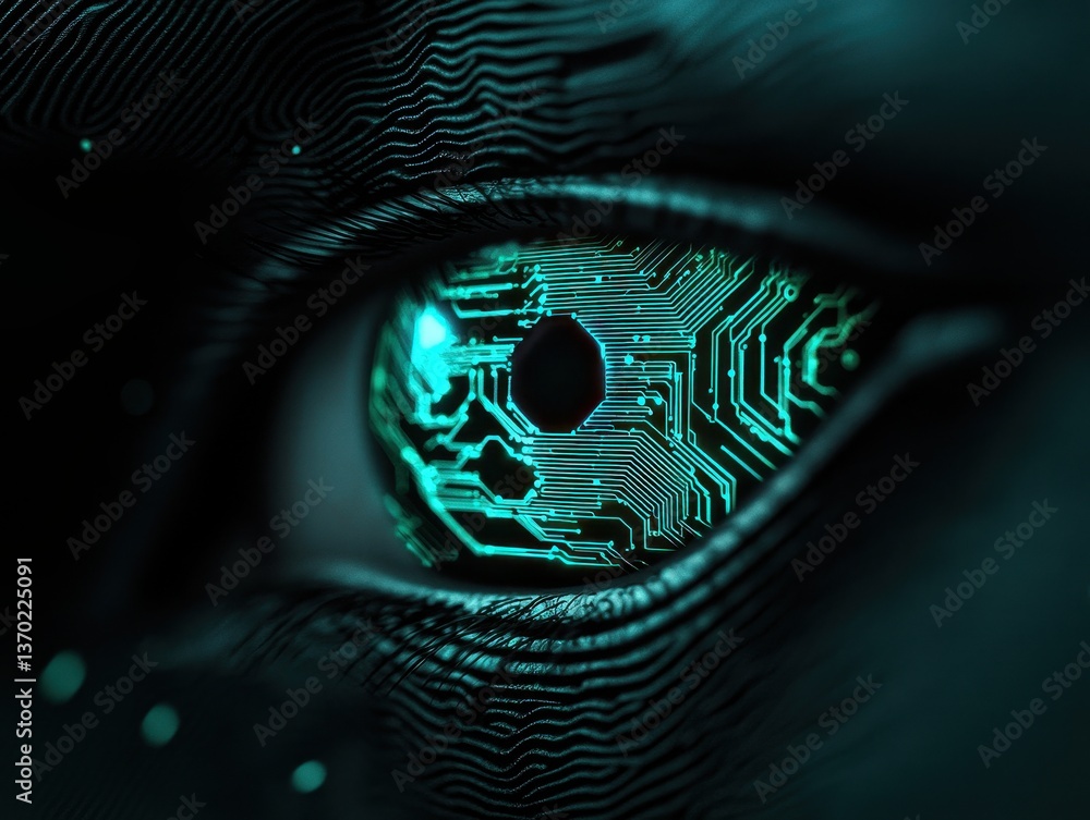 Poster futuristic eye with circuit patterns and neon glow effect