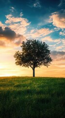 Solitary Tree's Silhouette: A solitary tree stands tall on a gentle grassy hill, its silhouette framed against a breathtaking sunset sky, the scene exudes a sense of peace and tranquility.