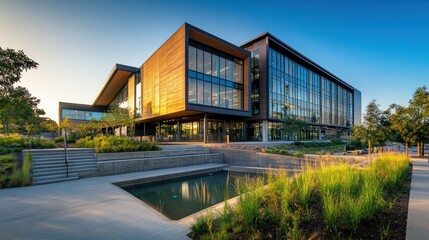 Obraz premium Modern office building with landscaping and reflecting pool at sunset.
