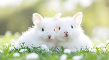 Two adorable, fluffy, white bunnies nestled in a field of flowers