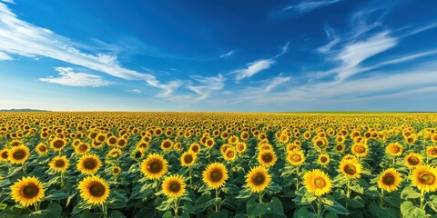 Obraz premium Sunflower Field under Sky: An endless expanse of vibrant sunflowers blooms gloriously under a brilliant blue sky, creating a picturesque scene of summer abundance.